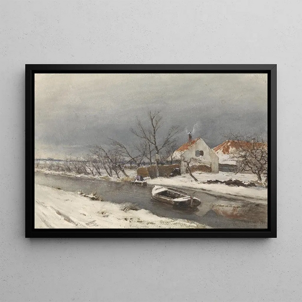 Winter landscape painting with houses along a canal - Louis Apol — framed artwork on a wall