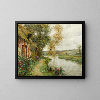 A cottage by a riverside in Normandy - Louis Aston Knight — framed artwork on a wall