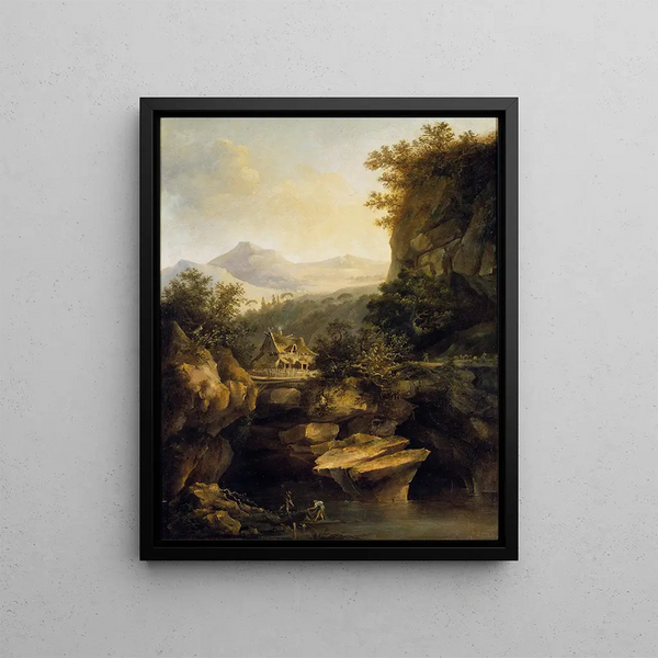 Mountain landscape painting with a farm - Louis Bélanger — framed artwork on a wall