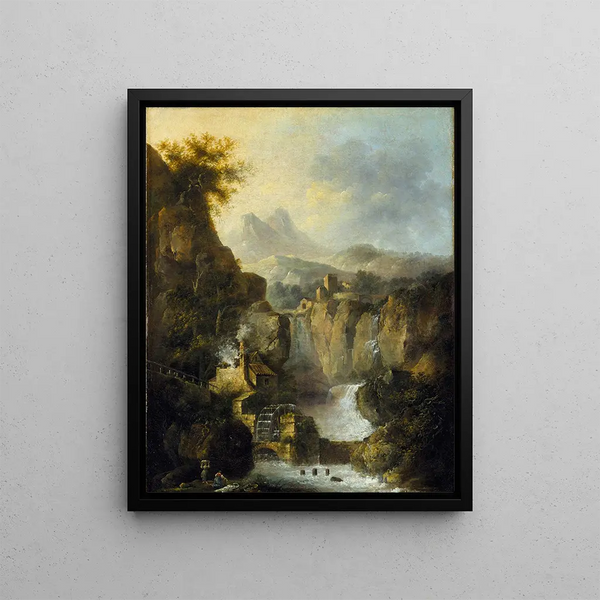 Mountain landscape painting with a waterfall - Louis Bélanger — framed artwork on a wall