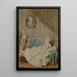 Madame Millin du Perreux and her son with a painted portrait of Monsieur Jérôme-Robert Millin du Perreux - Louis Carmontelle — framed artwork on a wall