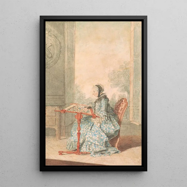 Portrait of a woman with a embroidery frame - Louis Carrogis Carmontelle — framed artwork on a wall