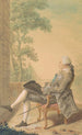 a seated man with a sword and a hat on his knee - Louis Carrogis Carmontelle — artwork view