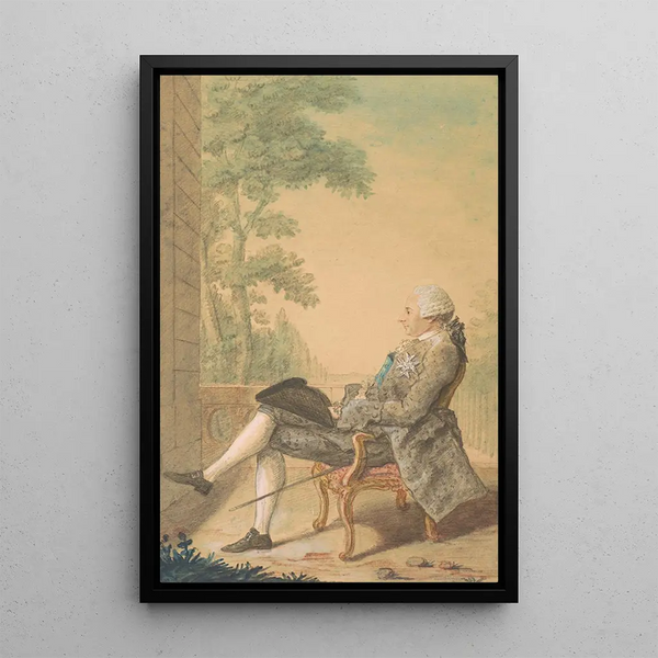 a seated man with a sword and a hat on his knee - Louis Carrogis Carmontelle — framed artwork on a wall