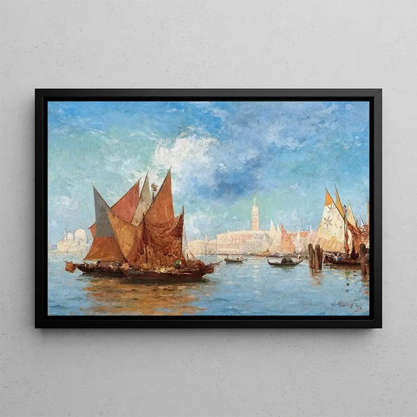 Venice Fishing Boats in the Bacino di San Marco - Louis Claude Mouchot — framed artwork on a wall