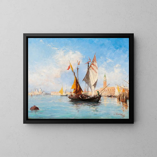 Sailboats in Venice in the Bacino di San Marco - Louis Claude Mouchot — framed artwork on a wall