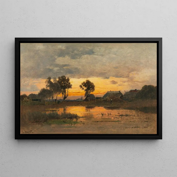 Twilight at the pond's edge - Louis Douzette — framed artwork on a wall