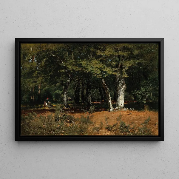 Mushroom Picking in a Forest - Louis Douzette — framed artwork on a wall