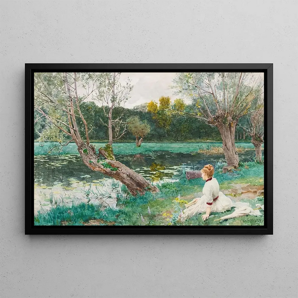 Young Girl by the Pond - Louis Émile Adan — framed artwork on a wall