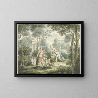 Landscape painting with Athens crowning an old man and Venus and Adonis - Louis Fabritius Dubourg — framed artwork on a wall