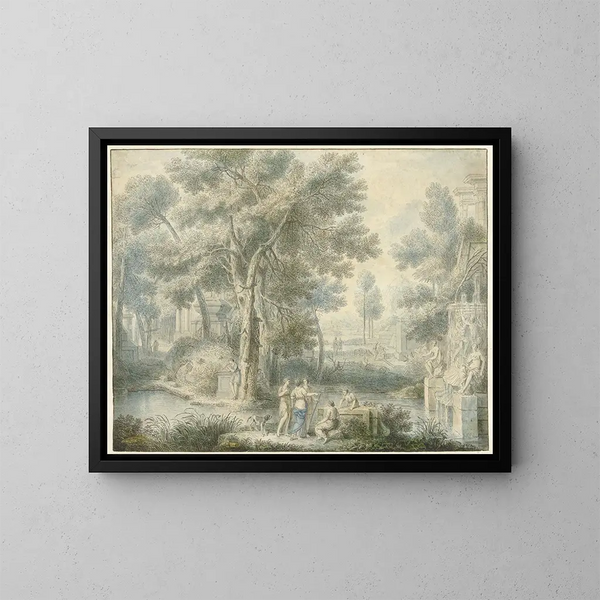 Landscape Arcadian with a Fountain on the Right - Louis Fabritius Dubourg — framed artwork on a wall