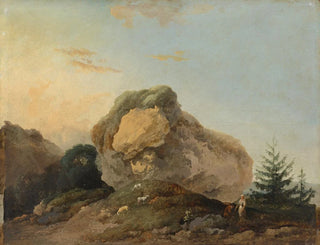 a rolling landscape with a large rock and a shepherd and a shepherdess with their flock - Louis Gabriel Moreau — artwork view