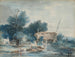 a river landscape with washerwomen near a mill - Louis Gabriel Moreau — artwork view