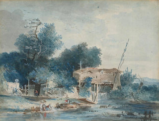 a river landscape with washerwomen near a mill - Louis Gabriel Moreau — artwork view