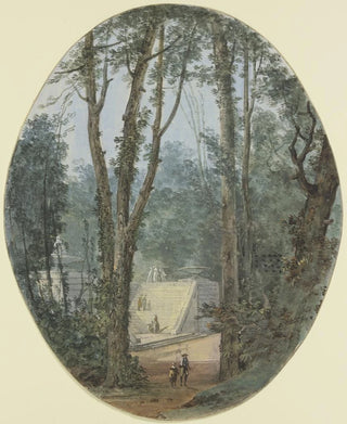 Louis Gabriel Moreau - Parklandschaft mit hohen Bumen und dem Blick auf einen Treppenanstieg im Mittelgrund.webp