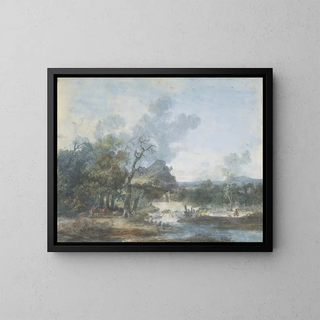 Bergère near a waterfall - Louis Gabriel Moreau — framed artwork on a wall