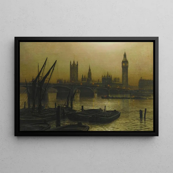 Westminster Bridge with the Houses of Parliament - Louis Grimshaw — framed artwork on a wall