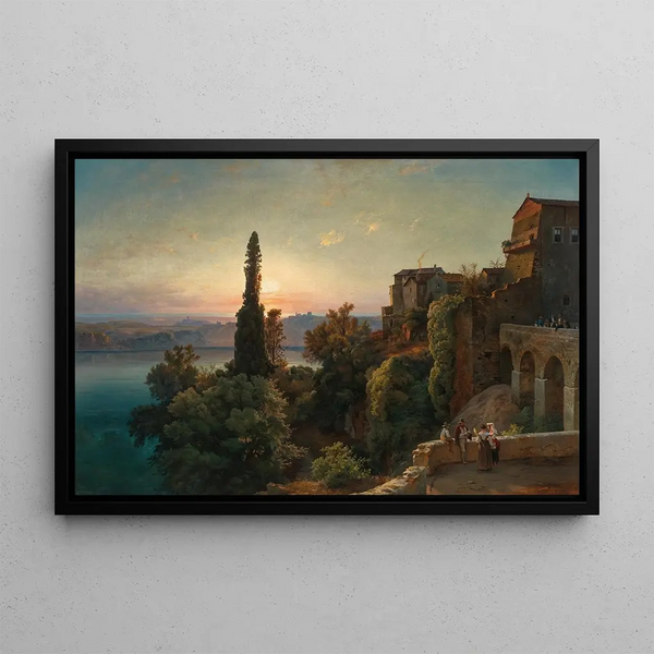 View of Lake Nemi in the Alban Hills near Rome - Louis Gurlitt — framed artwork on a wall