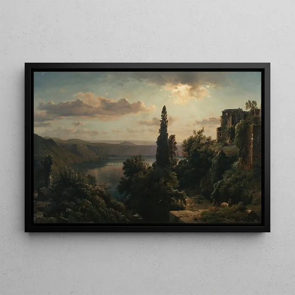 View of Lake Nemi in the Alban Hills near Rome - Louis Gurlitt — framed artwork on a wall