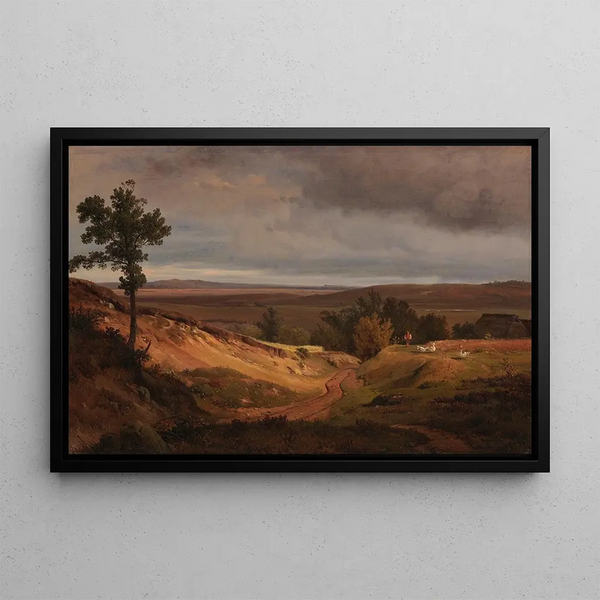 Landscape painting of moorland near Silkeborg in Jutland, Denmark - Louis Gurlitt — framed artwork on a wall