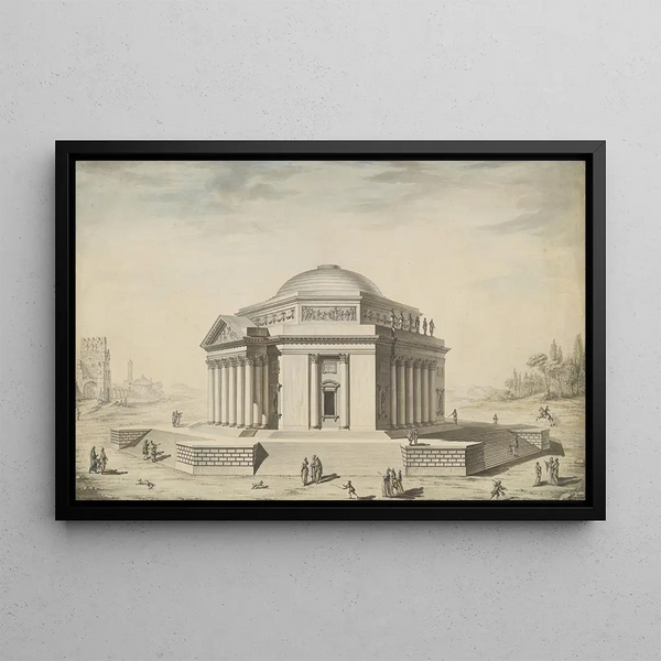 Temple Hexagonal in an Italian Landscape - Louis Gustave Taraval — framed artwork on a wall