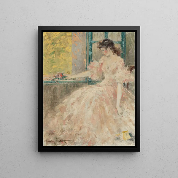Woman contemplative - Louis Icart — framed artwork on a wall