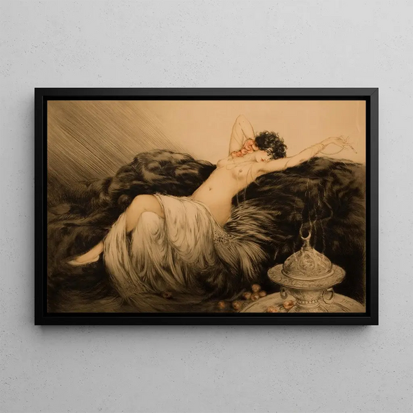 Nu at the Black Fur - Louis Icart — framed artwork on a wall