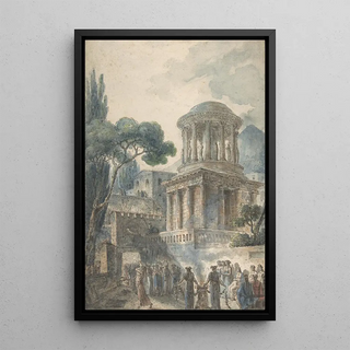 Antique scene with a funeral ceremony for an actor - Louis Jean Desprez — framed artwork on a wall