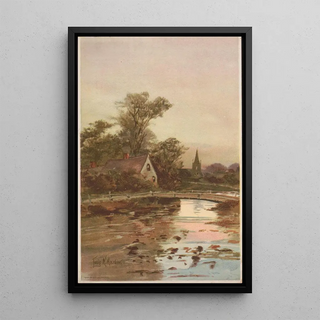 Pont sur un ruisseau avec un cottage et une église en arrière-plan - Louis Kinney Harlow — framed artwork on a wall