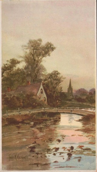 Pont sur un ruisseau avec un cottage et une église en arrière-plan - Louis Kinney Harlow — artwork view