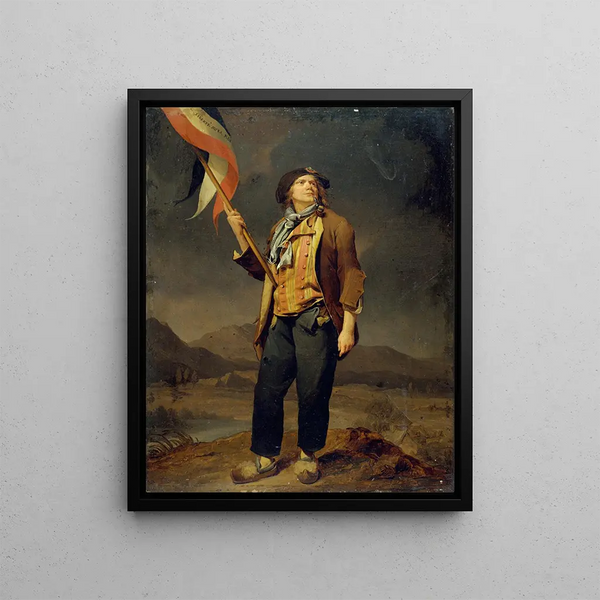 Portrait painting of singer Simon Chenard (1758 - 1832) in a sans-culottes costume, holding a flag at the Savoie liberty celebration on October 14, 1792 - Louis Léopold Boilly — framed artwork on a wall