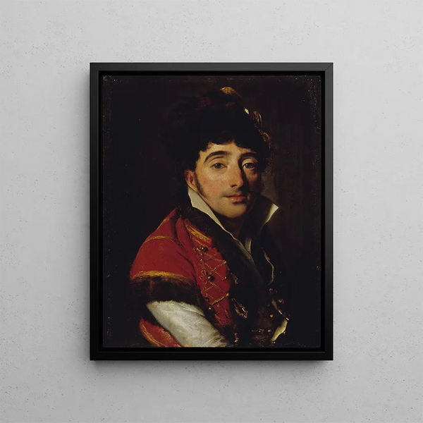 Portrait painting of an actor in a red fur-lined jacket - Louis Léopold Boilly — framed artwork on a wall
