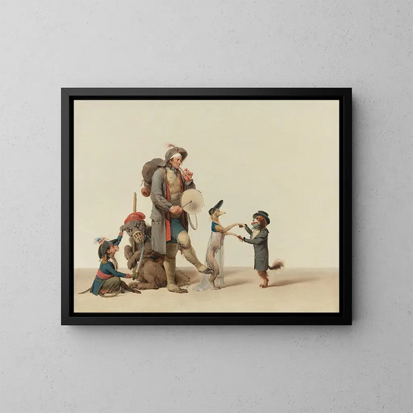 La pièce curieuse: un dresseur d'animaux avec des chiens dansants, un ours et un singe - Louis Léopold Boilly — framed artwork on a wall