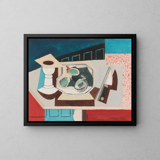 Still life with pomegranates and knife on a side table - Louis Marcoussis — framed artwork on a wall