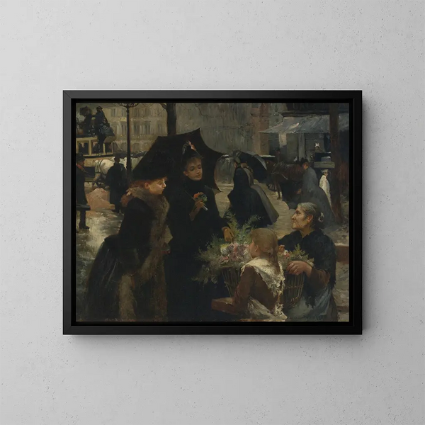 Vendeuse de fleurs par temps de pluie - Louis Marie de Schryver — framed artwork on a wall