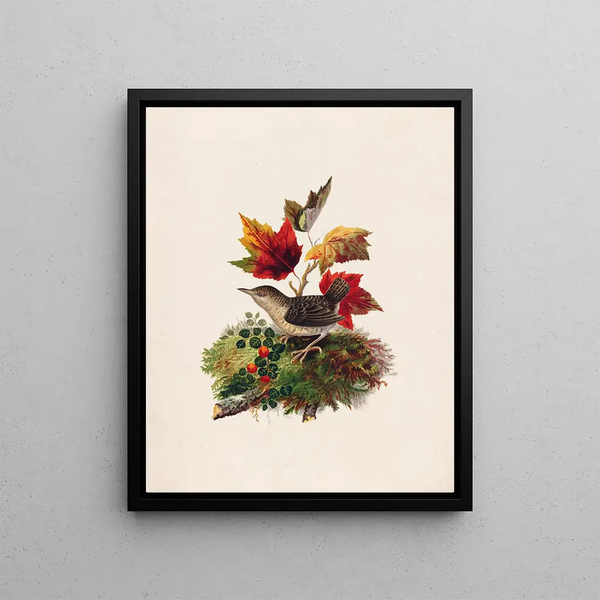 Bird with Autumn Leaves - Louis Prang — framed artwork on a wall