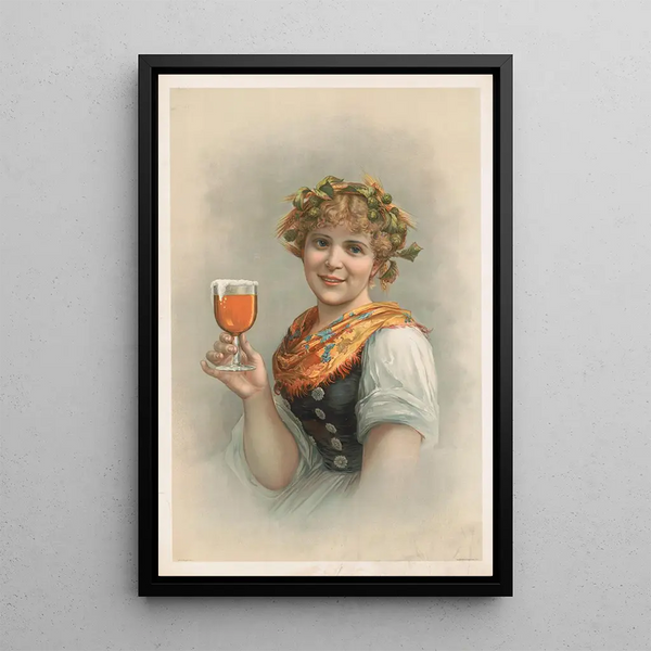 Portrait painting of a woman with a hop and barley crown holding a beer glass - Louis Prang — framed artwork on a wall