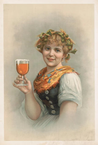 Portrait painting of a woman with a hop and barley crown holding a beer glass - Louis Prang — artwork view