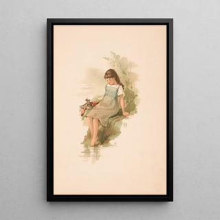 Study of a Young Girl Sitting on a Mossy Bank - Louis Prang — framed artwork on a wall