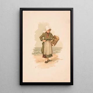 Study Young girl with basket on the beach - Louis Prang — framed artwork on a wall