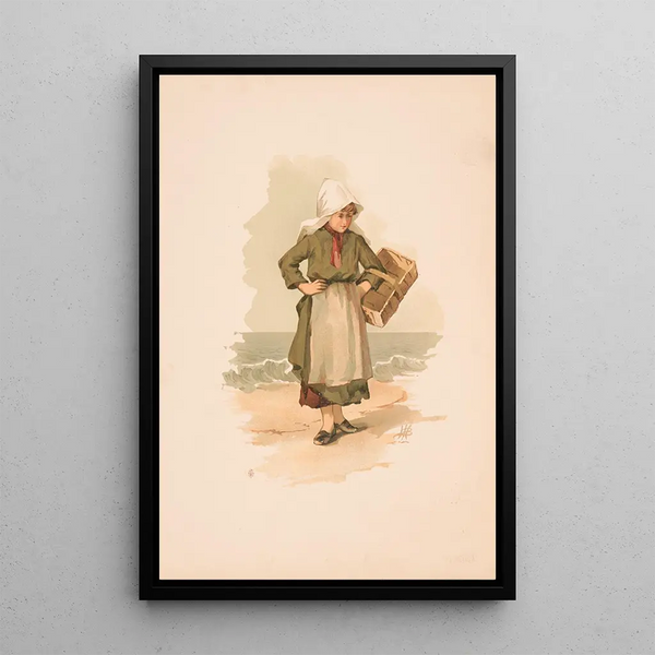Study Young girl with basket on the beach - Louis Prang — framed artwork on a wall