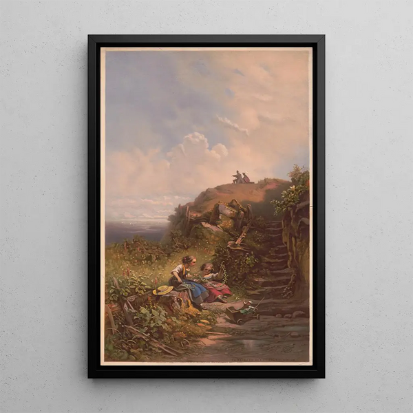 Two Young Girls Braiding Flower Garlands - Louis Prang — framed artwork on a wall