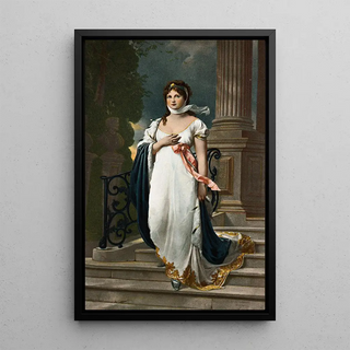 Woman descending a staircase - Louis Prang — framed artwork on a wall