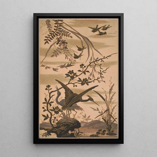 Two cranes and several small birds - Louis Prang Co — framed artwork on a wall