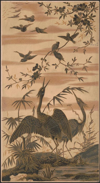 Louis Prang Co - Two cranes and several smaller birds among blossoming trees.webp