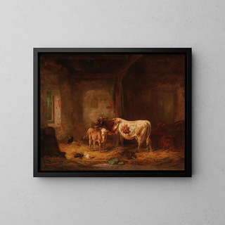 Cows and rabbits in the barn - Louis Reinhardt — framed artwork on a wall