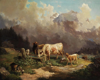 Bétail en haute montagne près de l'abreuvoir - Louis Reinhardt — artwork view
