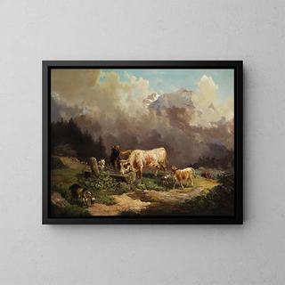 Bétail en haute montagne près de l'abreuvoir - Louis Reinhardt — framed artwork on a wall