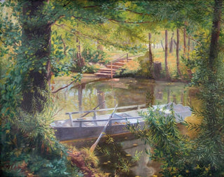 Boat with Oars by the Riverbank - Louis Uhl — artwork view