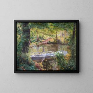 Boat with Oars by the Riverbank - Louis Uhl — framed artwork on a wall